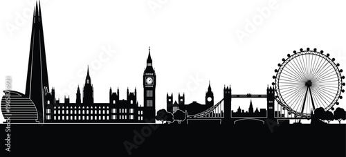 A striking black and white silhouette depicts london s iconic skyline featuring landmarks like the shard and big ben high quality professional detailed