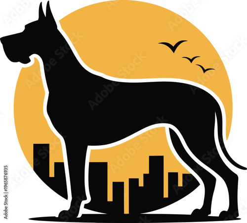 Great Dane dog silhouette standing in front of city skyline and sunset with birds flying