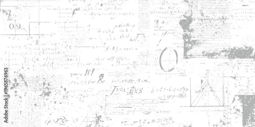 Vintage handwritten mathematical equations and geometric diagrams on distressed paper background