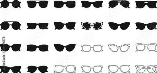 A collection of various black sunglasses and optical frames are neatly arranged in rows against a plain white background high quality professional detailed