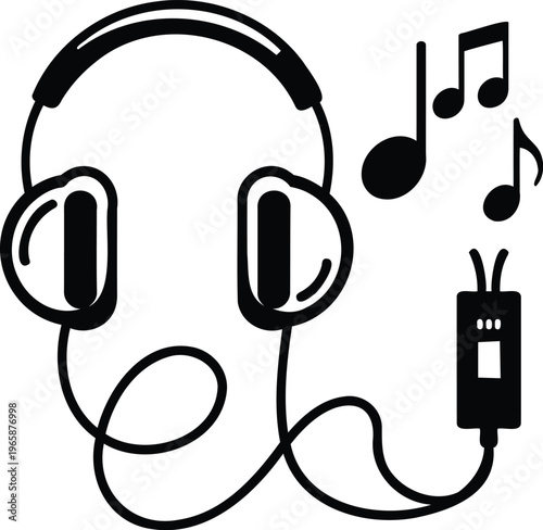 Headphones with music notes and mp3 player on white background