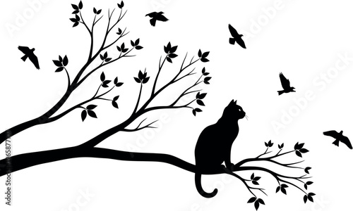 Silhouette of a cat sitting on a tree branch with birds flying around