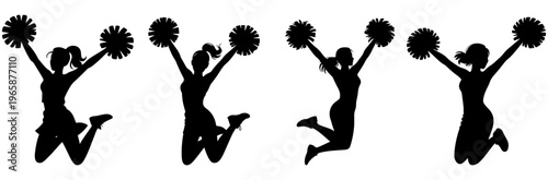 Cheerleader Silhouette Vector, Silhouette of cheerleaders jumping in the air with pom poms, energetic girls performing a dance routine at a sports event