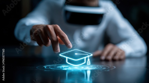 A person wearing a VR headset interacts with a glowing holographic graduation cap symbolizing virtual education or futuristic learning.