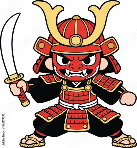 Fierce Red-Faced Chibi Samurai Warrior In Black And Gold Armor With Horned Helm Wielding Silver Katana, Comic Book Action Pose Vector Illustration
