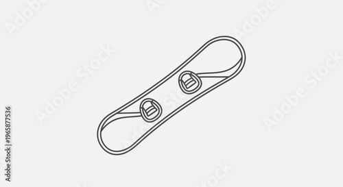 Minimalist black and white line art vector illustration of a snowboard with bindings, winter sport equipment icon