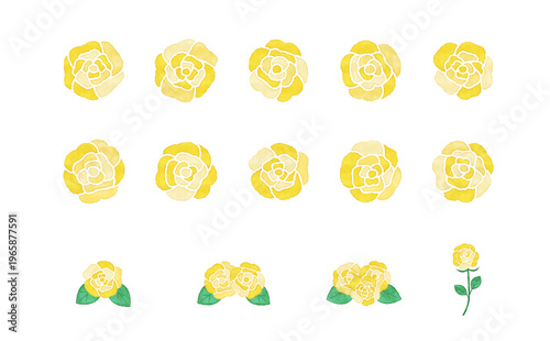 水彩風 黄色いバラのフラワーパーツ 花・葉・茎のバリエーションイラスト