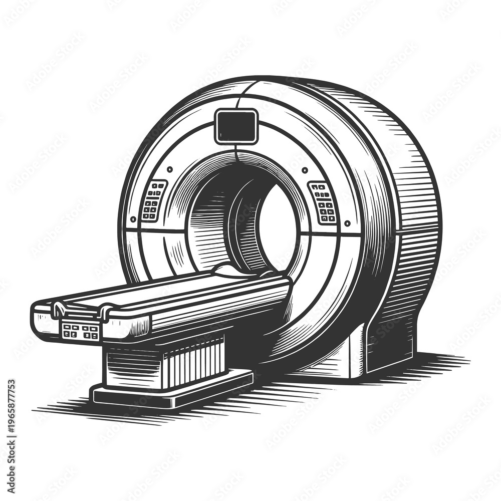 Fototapeta premium MRI scanner with patient table, medical diagnostics, healthcare technology, and hospital imaging equipment sketch engraving generative ai raster illustration. Scratch board imitation. Black and white.