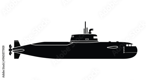 A sleek black silhouette of a modern military submarine at sea