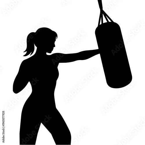 Woman athlete punching a heavy boxing bag during a workout, female boxer training for fitness and strength in a gym, boxing sandbag silhouette