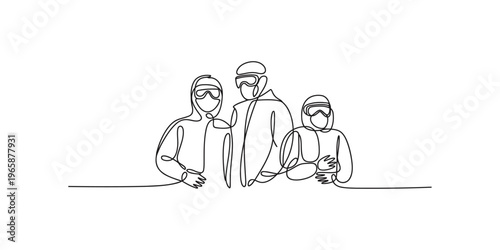 Continuous line drawing of three people wearing goggles and winter sports gear sitting together skiing