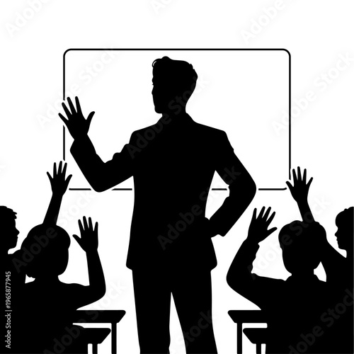 Hand-drawn silhouette vector of a teacher or professor standing in front of students in a classroom, male educator presenting a lecture at a chalkboard for a group