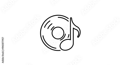 Outline icon of a vintage vinyl record disc and a musical note, symbolizing music, audio, entertainment, and sound.