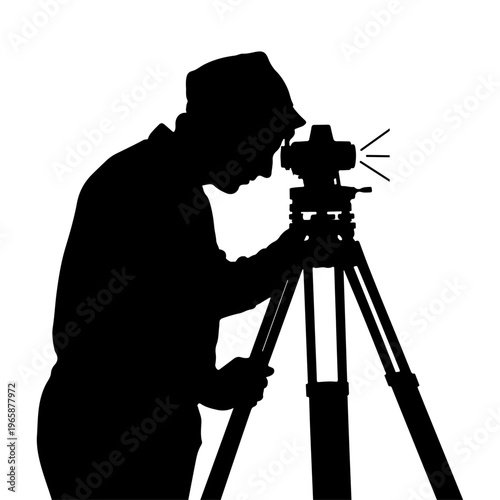 Silhouette Surveyor, Land surveyor using a theodolite tripod for measurement and engineering, Silhouette of professional technician for civil construction and mapping projects