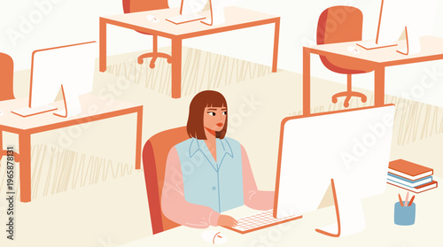 Young woman working on computer in the office, female employee sitting at desk with monitor, modern open space workplace