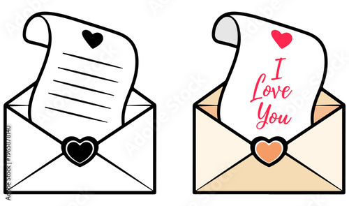 Romantic love letters in envelopes decorated with heart symbols. Cute stationery icons for valentines day wedding invitations and handwritten messages
