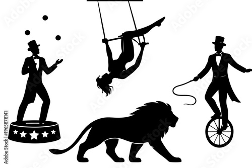 Circus show elements featuring an aerial trapeze artist and a lion. Silhouette collection for entertainment carnivals and vintage circus performance