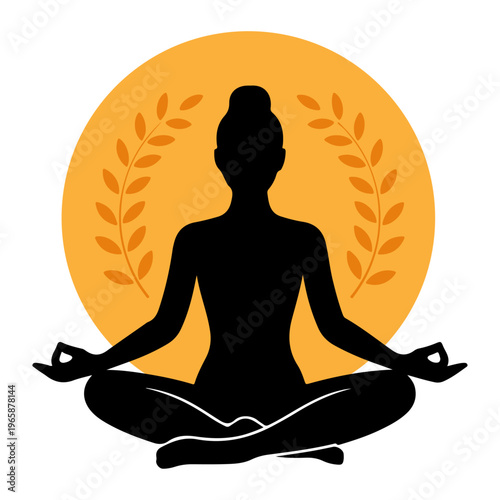 Yoga silhouette vector, Woman practicing yoga in lotus pose with a sun and laurel wreath background. Zen meditation silhouette for wellness health and spiritual mindfulness