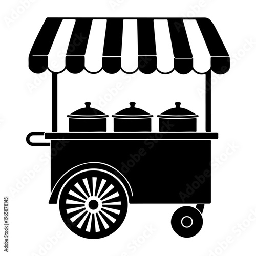 Vintage street food cart with striped awning and cooking pots. Black silhouette of a mobile vending trolley for market festivals and outdoor catering branding
