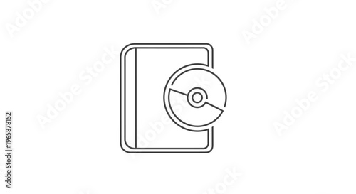 Line art icon of a book and a compact disc, symbolizing digital content, e-learning, software, and data storage solutions.