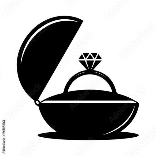 Diamond ring vector, Diamond engagement ring in an open jewelry box silhouette. Luxury jewelry icon for marriage proposal wedding planning and anniversary gift