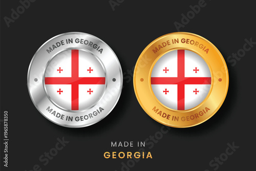 Circular gold and silver labels with the Georgia flag. High-quality "Made in Georgia" emblems for local products, exports, and manufacturing origin certification.
