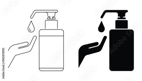 sanitizer bottle icon with hand and drop, hygiene and disinfection symbol, health safety and cleanliness concept, simple modern vector illustration set.