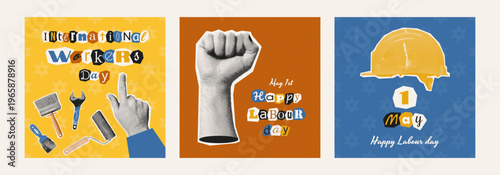 International Labor Day halftone cards template set. Labour day May 1st paper cut out hands, tools dotted design. Trendy y2k square poster, social media post vector illustration. Vintage stickers word