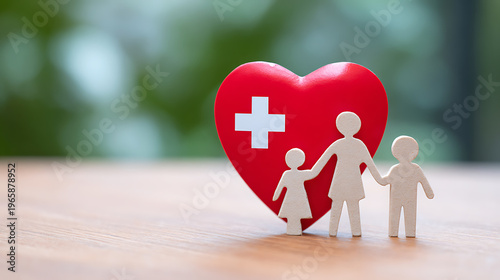 Wallpaper Mural Family protection and health insurance concept: small wooden figures of a mother, father, and child stand beside a red heart with a cross icon Torontodigital.ca