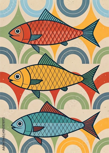 Three fish with patterned bodies on a background of colorful arcs illustration retro