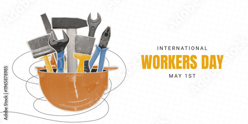 International Workers Day halftone collage banner template 1 May. Happy Labor paper cut out building tools, helmet with vintage texture. Labour Retro pop art vector illustration for print, web, poster