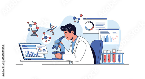 Smiling medical researcher looks through a microscope at samples while reviewing various data graphs on a laptop.