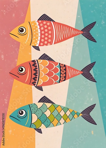 Three stylized fish with colorful geometric patterns on a striped background illustration