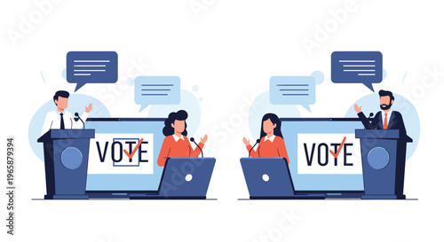 Two politicians engage in an important debate behind podiums while large vote icons are displayed on digital screens.