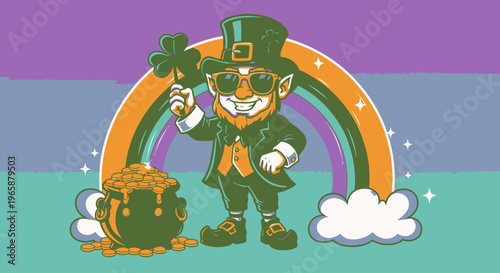 Leprechaun Holding Clover and Gold Coins.