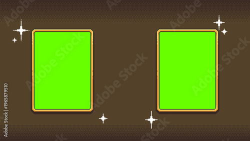 Two pixel art frames with green screen centers. Retro interface elements for layouts, overlays and game UI, vector illustration.