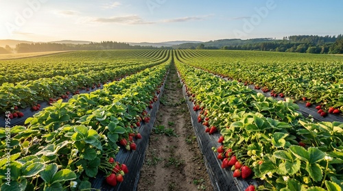 Rows of ripe strawberries growing under a clear sky in a large agricultural field during golden hour
