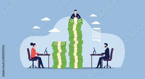 Business people work in an office with stacks of cash representing financial growth and success in corporate management.