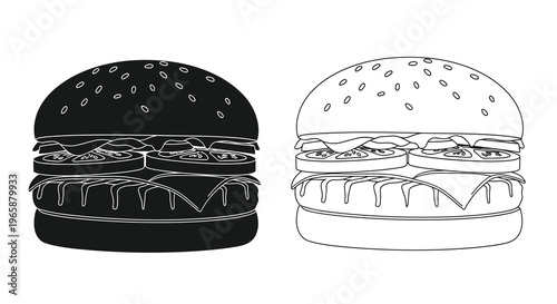Two stylized burger illustrations one black and one white side by side