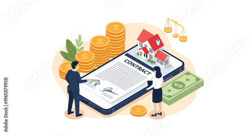 Isometric illustration shows a digital real estate contract on a smartphone with housing icons and financial symbols.