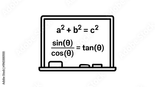 Minimalist vector icon illustration of a school whiteboard featuring mathematical equations like the Pythagorean theorem and trigonometric identities, ideal for education, science, and e-learning.