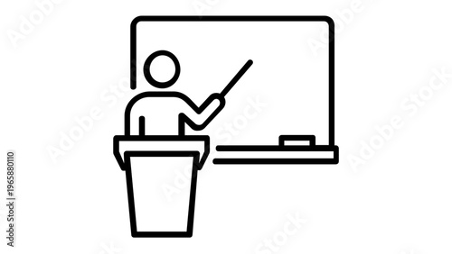 Minimalist vector icon illustration of a teacher or professor standing at a podium giving a lecture in front of a whiteboard, ideal for education, school, university, and learning materials.