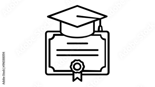 Academic graduation cap and diploma certificate vector icon illustration. Minimalist black line art for university degree, student success, educational achievement, and learning milestones.