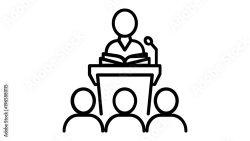 Vector icon illustration of a speaker at a podium giving a lecture to an audience. Minimalist line art of a teacher or professor in a classroom or seminar setting with a microphone and book.