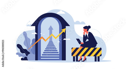 Businesswoman contemplates her career path and future growth opportunities represented by stairs and an arrow through a door.
