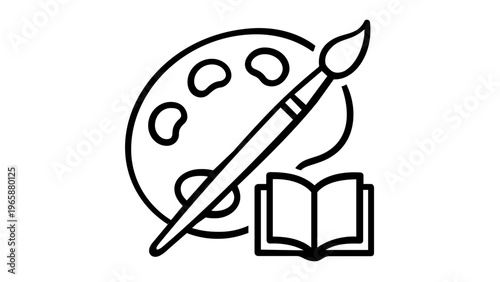 Minimalist art education vector icon illustration showing a painter's palette, paintbrush, and open book, perfect for creative learning, school curriculum, and fine arts study concepts.