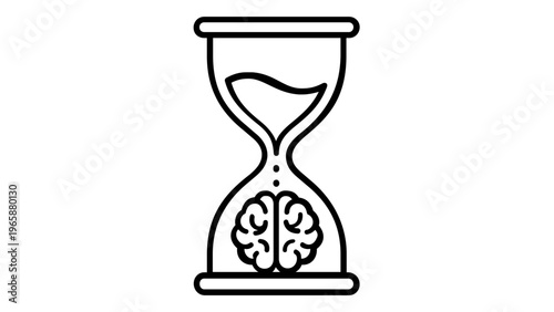 Minimalist vector icon of an hourglass with a human brain inside, symbolizing the passage of time in education, mental growth, cognitive learning, and psychological development processes.