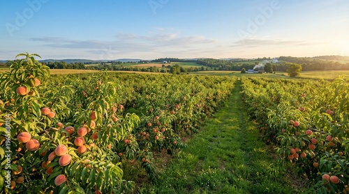 Idyllic peach orchard bathed in the warm golden light of a setting sun, showcasing rows of ripe fruit on trees under a clear sky, representing abundance and agricultural beauty
