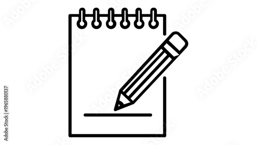 Minimalist vector icon illustration of a pencil writing on a spiral notebook. Flat line art design representing education, learning, note-taking, and office supplies. Scalable AI-generated graphic.