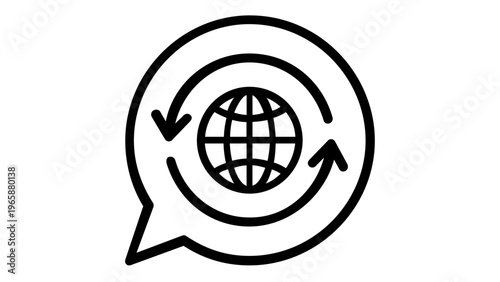 Global communication and translation vector icon illustration with world globe in speech bubble and circular arrows, symbolizing international language exchange, connectivity, and global networking.